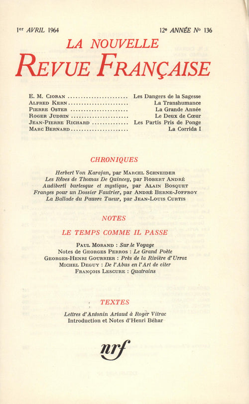 La Nouvelle Revue Française N' 136 (Avril 1964)