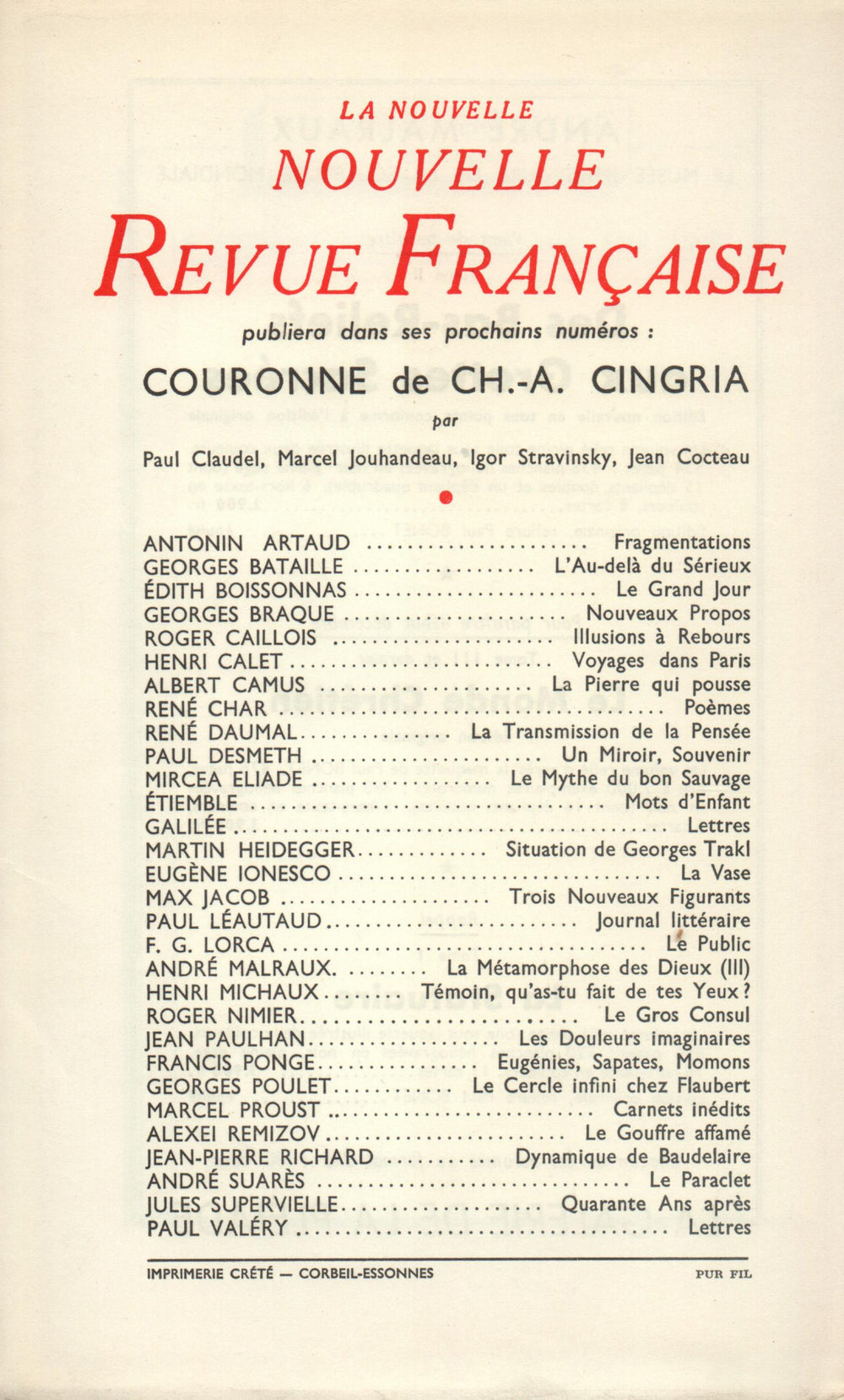 La Nouvelle Nouvelle Revue Française N' 23 (Novembre 1954)