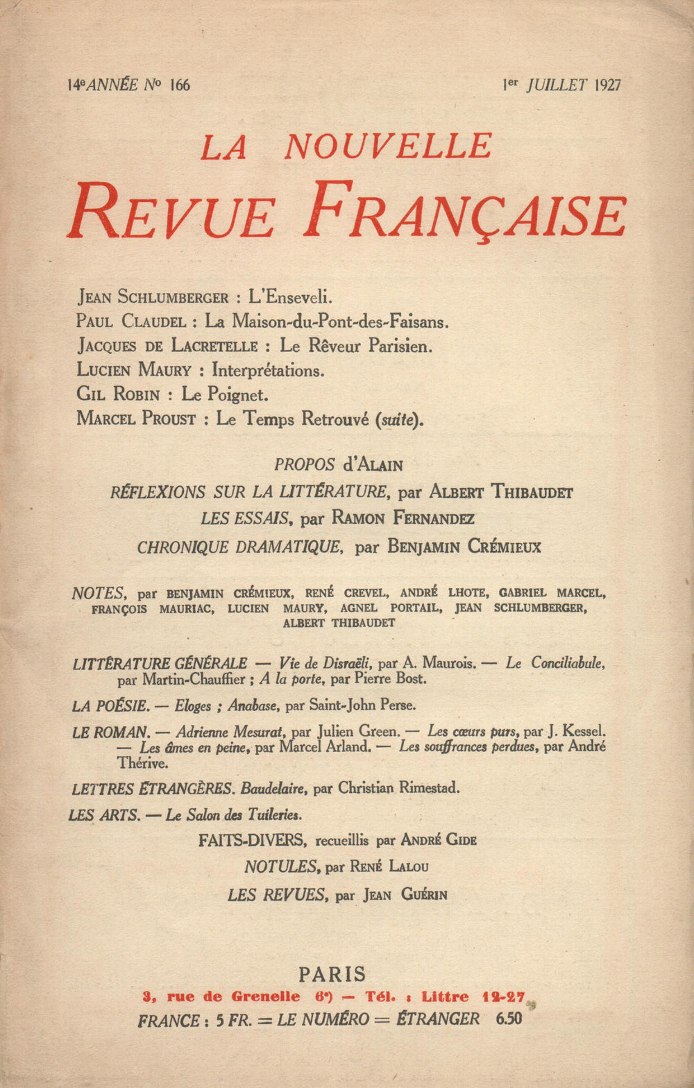 La Nouvelle Revue Française N' 166 (Juillet 1927)