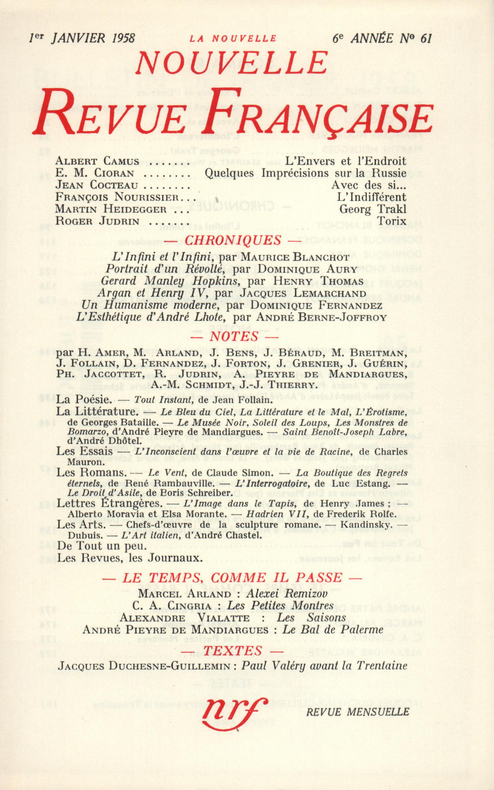 La Nouvelle Nouvelle Revue Française N' 61 (Janvier 1958)