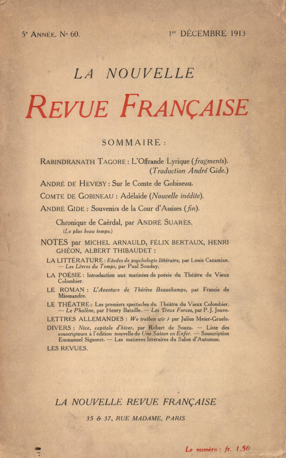 La Nouvelle Revue Française N' 60 (Décembre 1913)