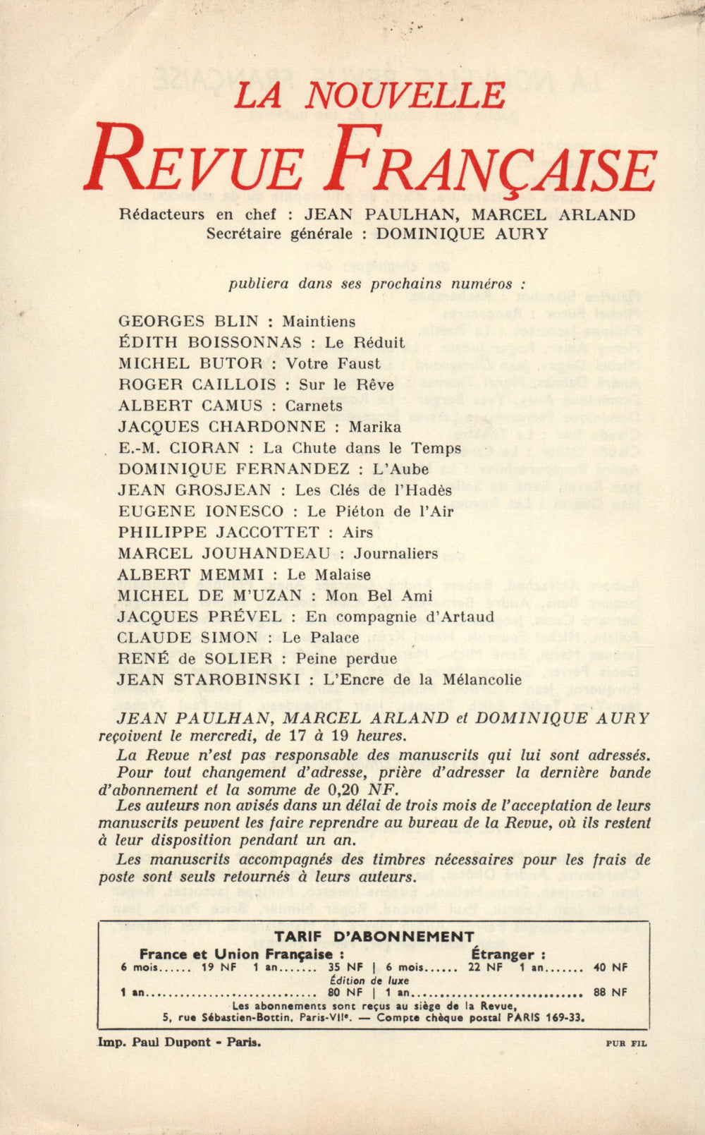 La Nouvelle Revue Française N' 108 (Décembre 1961)