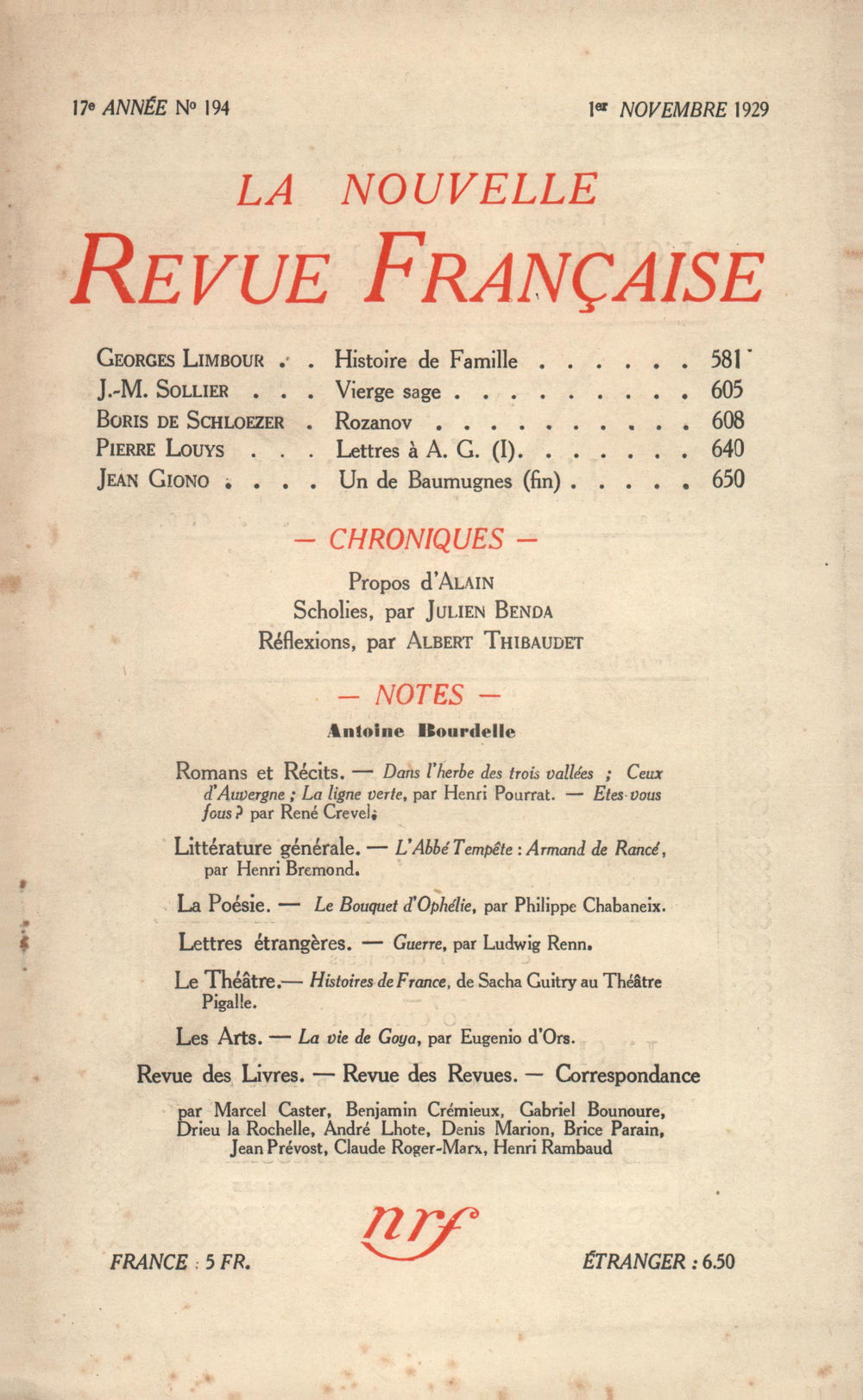 La Nouvelle Revue Française N' 194 (Novembre 1929)