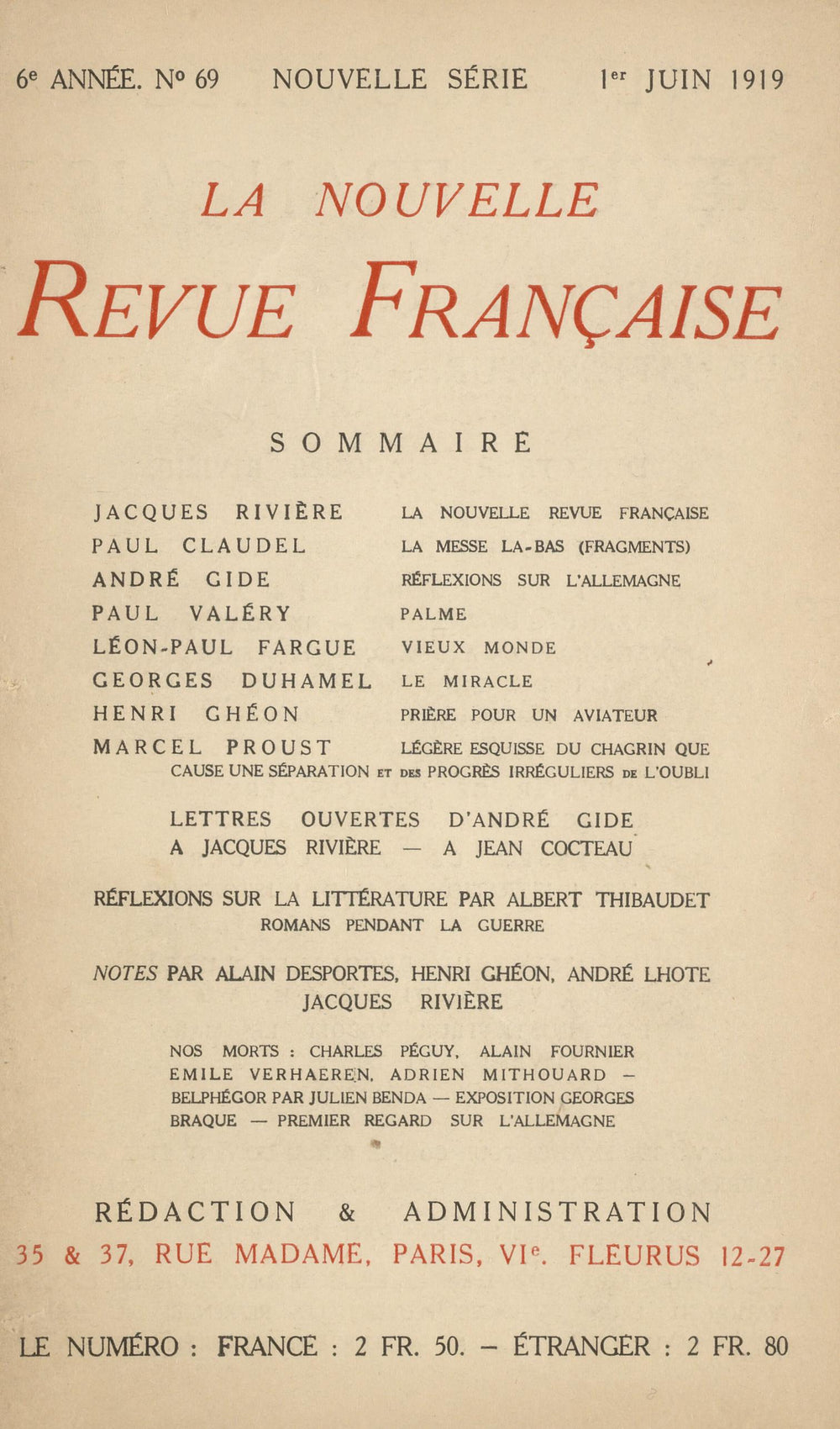 La Nouvelle Revue Française N' 69 (Juin 1919)