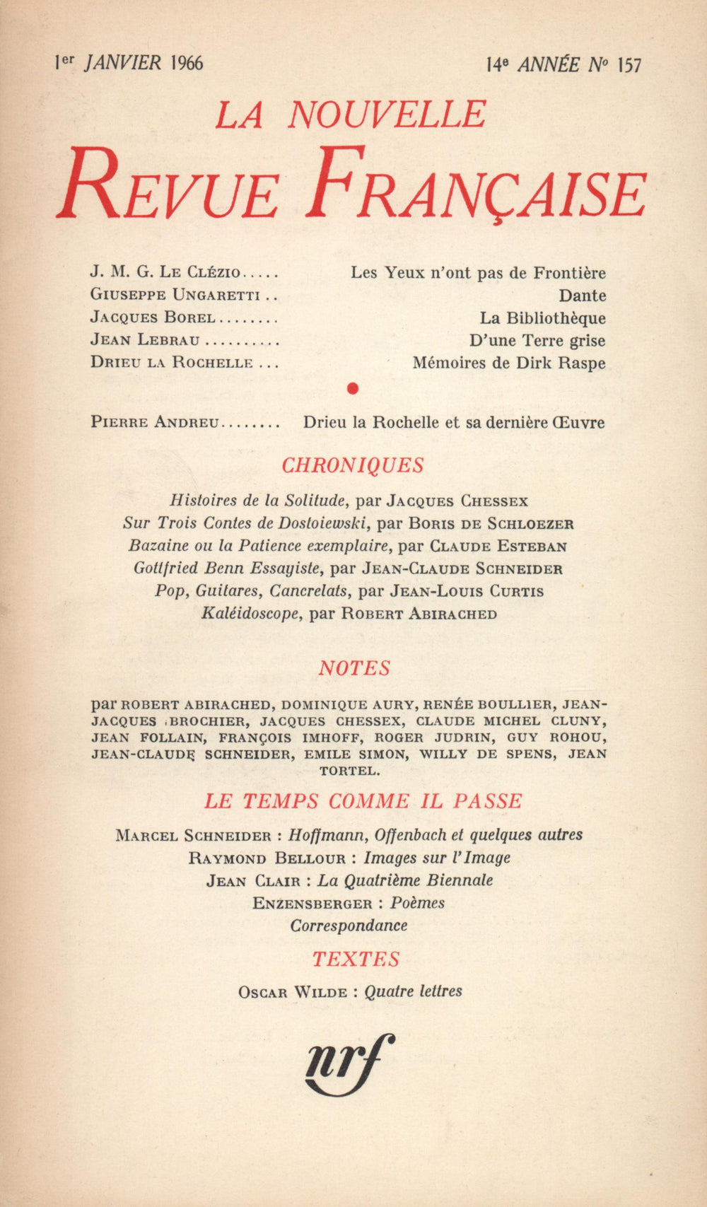 La Nouvelle Revue Française N' 157 (Janvier 1966)