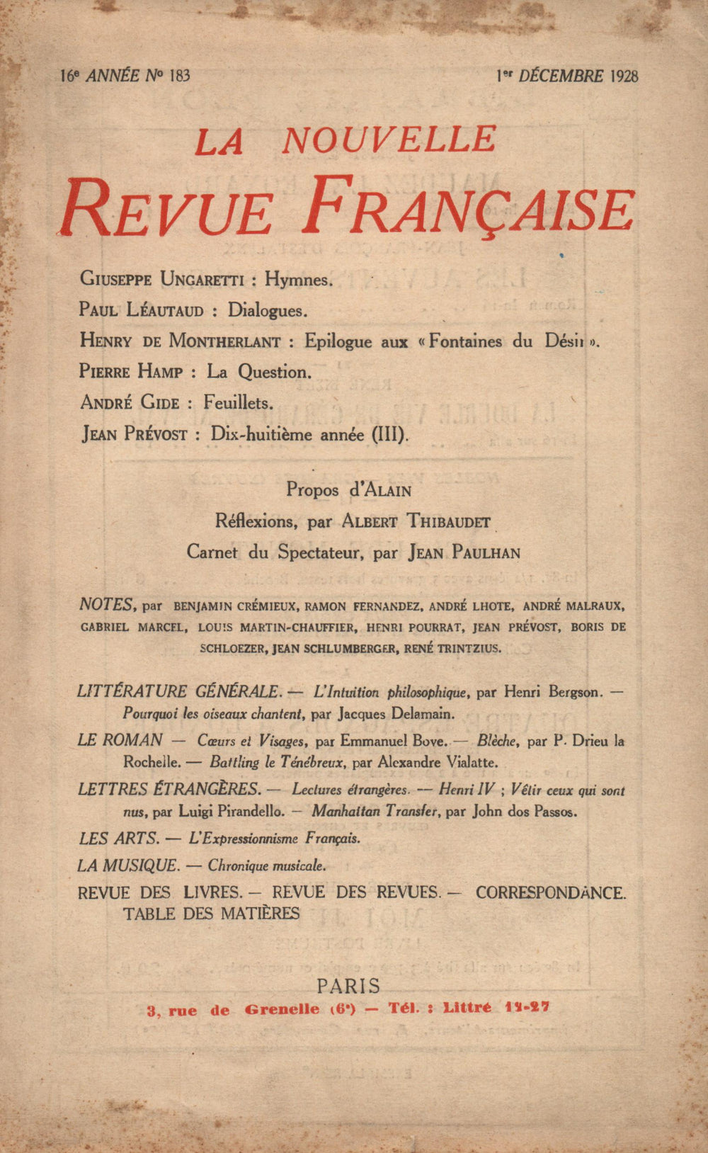 La Nouvelle Revue Française N' 183 (Décembre 1928)
