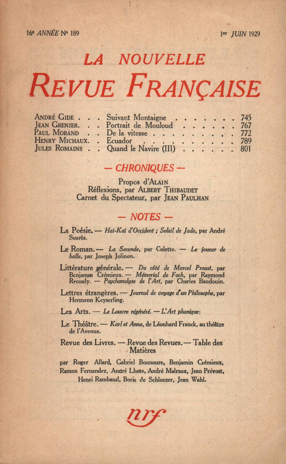 La Nouvelle Revue Française N' 189 (Juin 1929)
