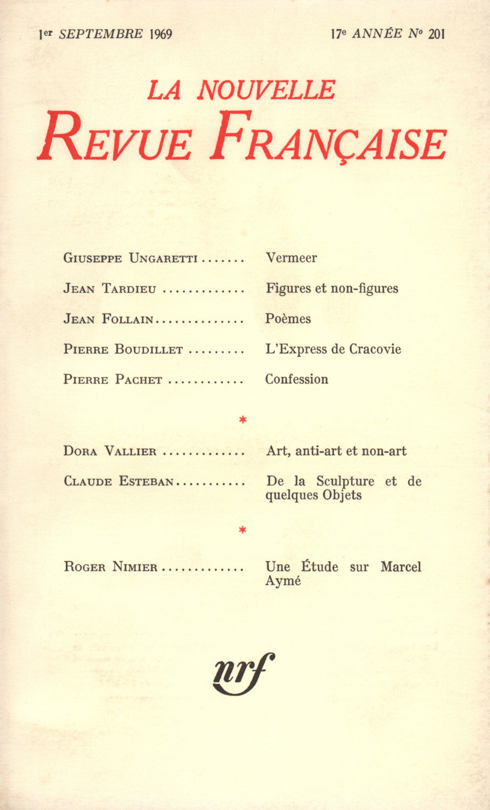 La Nouvelle Revue Française n° 201 (Septembre 1969)