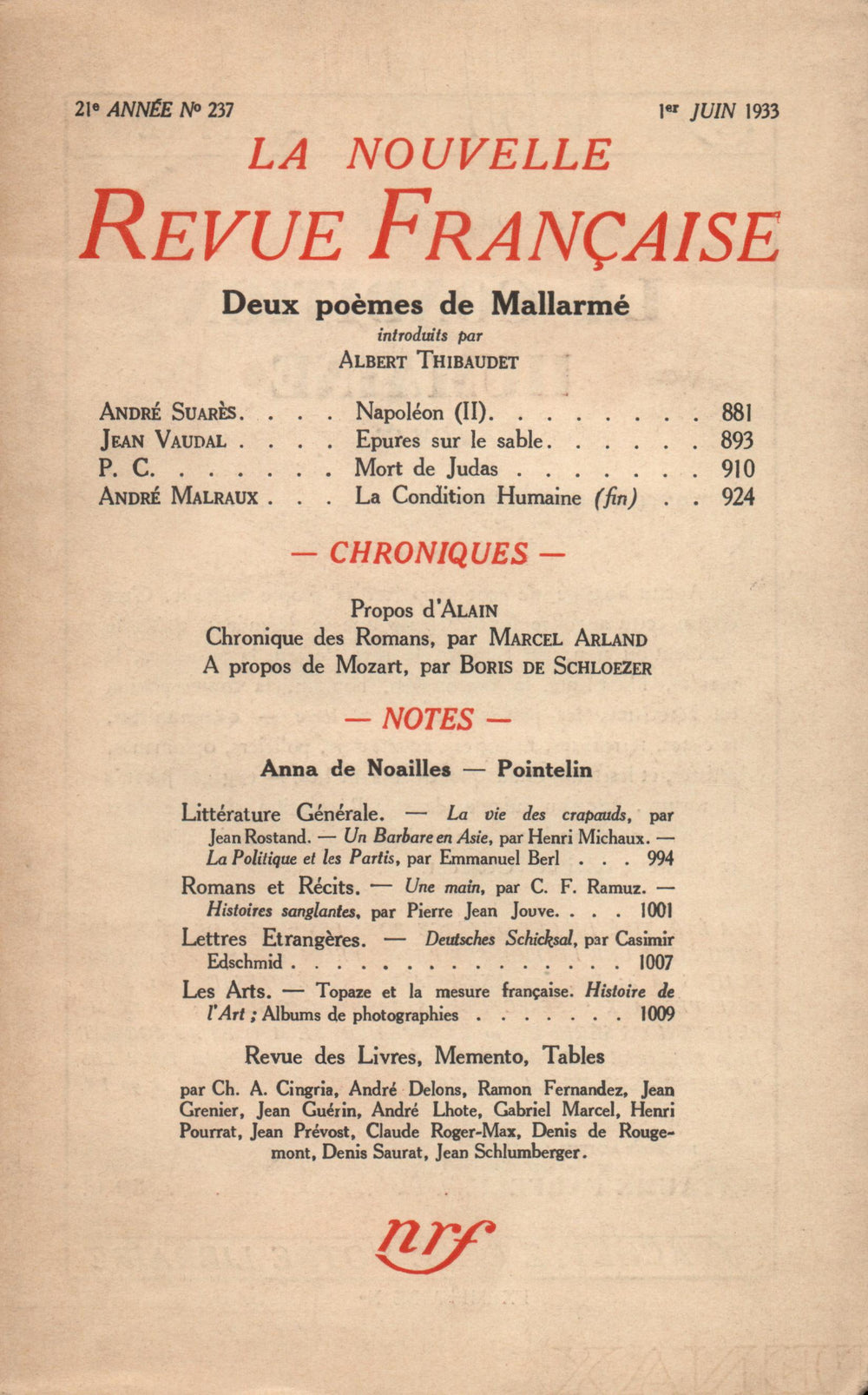 La Nouvelle Revue Française N° 237 (Juin 1933)