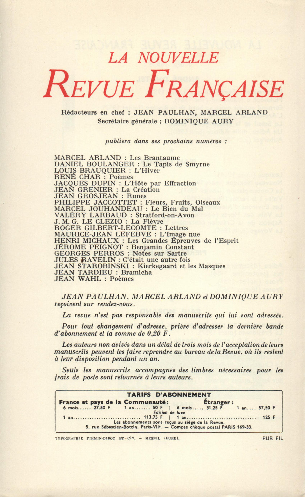 La Nouvelle Revue Française N' 143 (Novembre 1964)