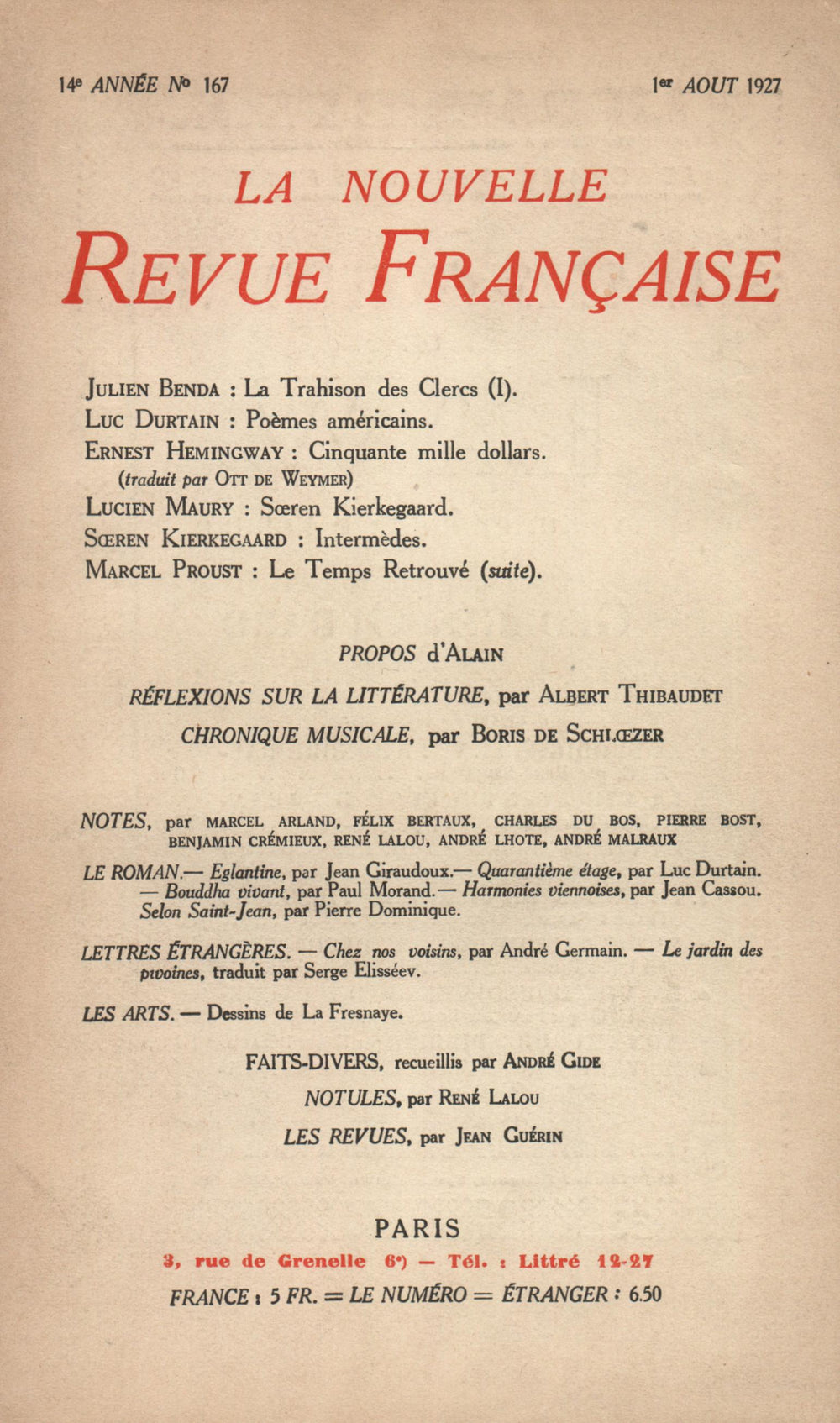La Nouvelle Revue Française N' 167 (Aoűt 1927)