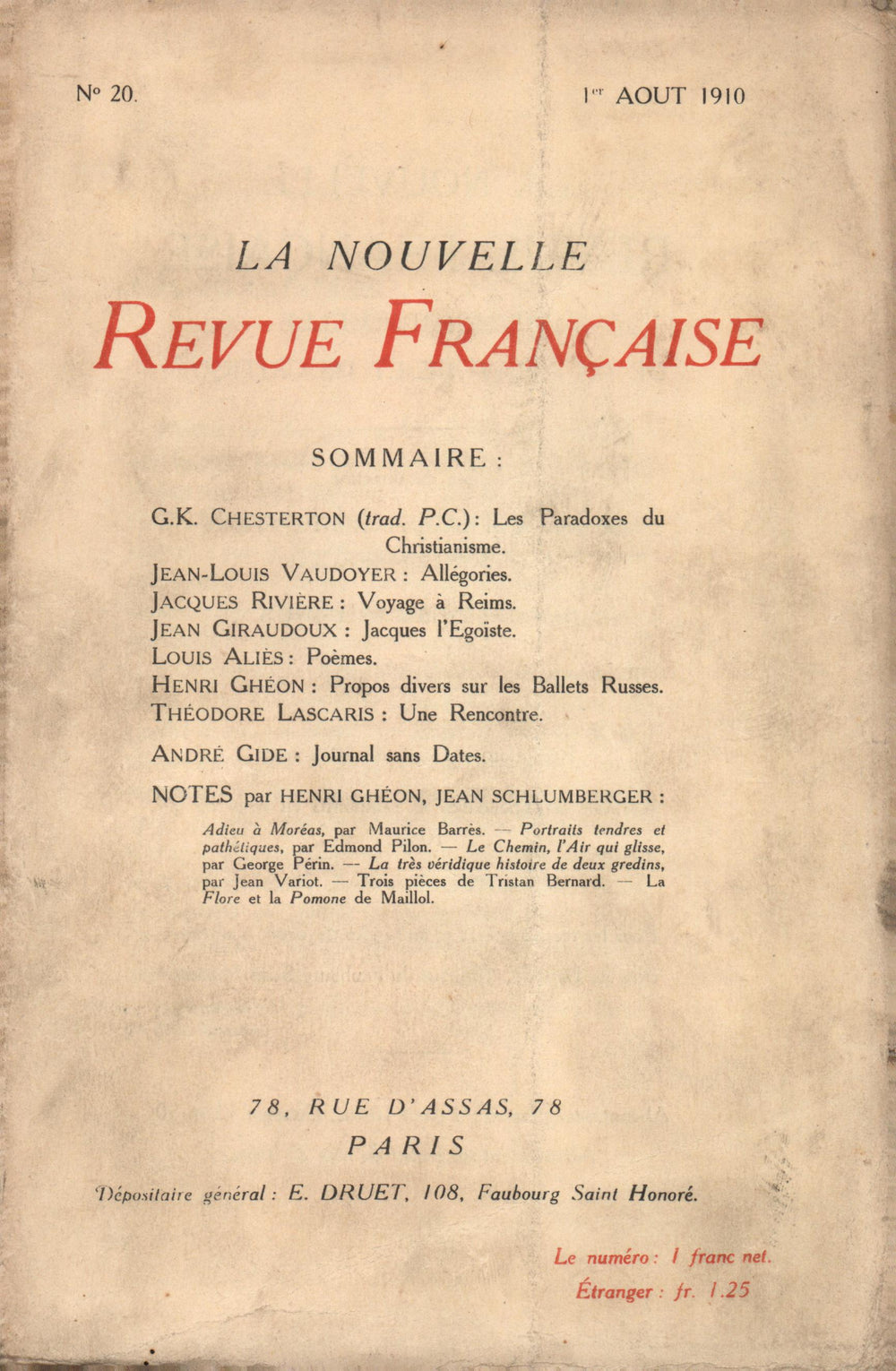 La Nouvelle Revue Française N' 20 (Aoűt 1910)
