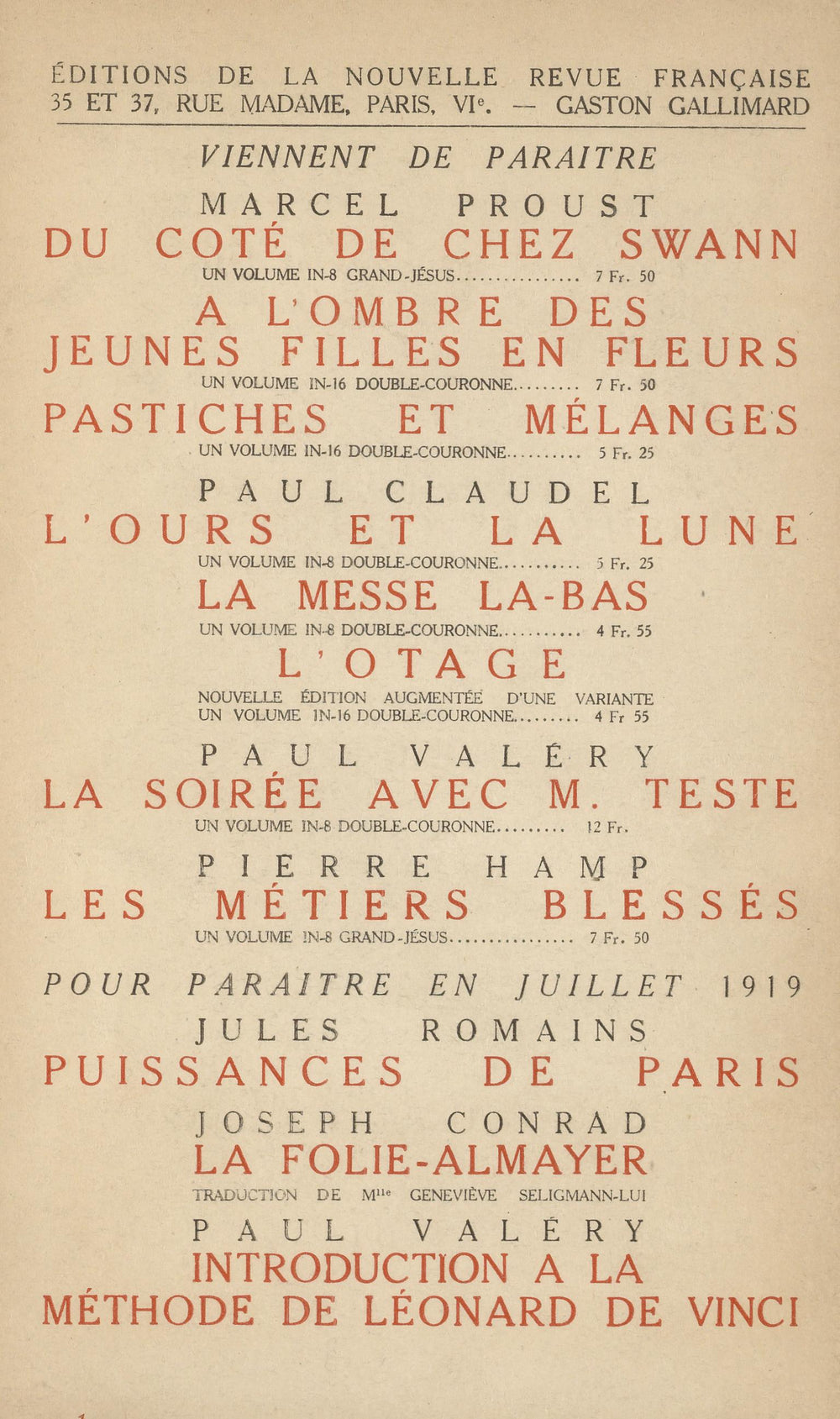 La Nouvelle Revue Française N' 70 (Juillet 1919)