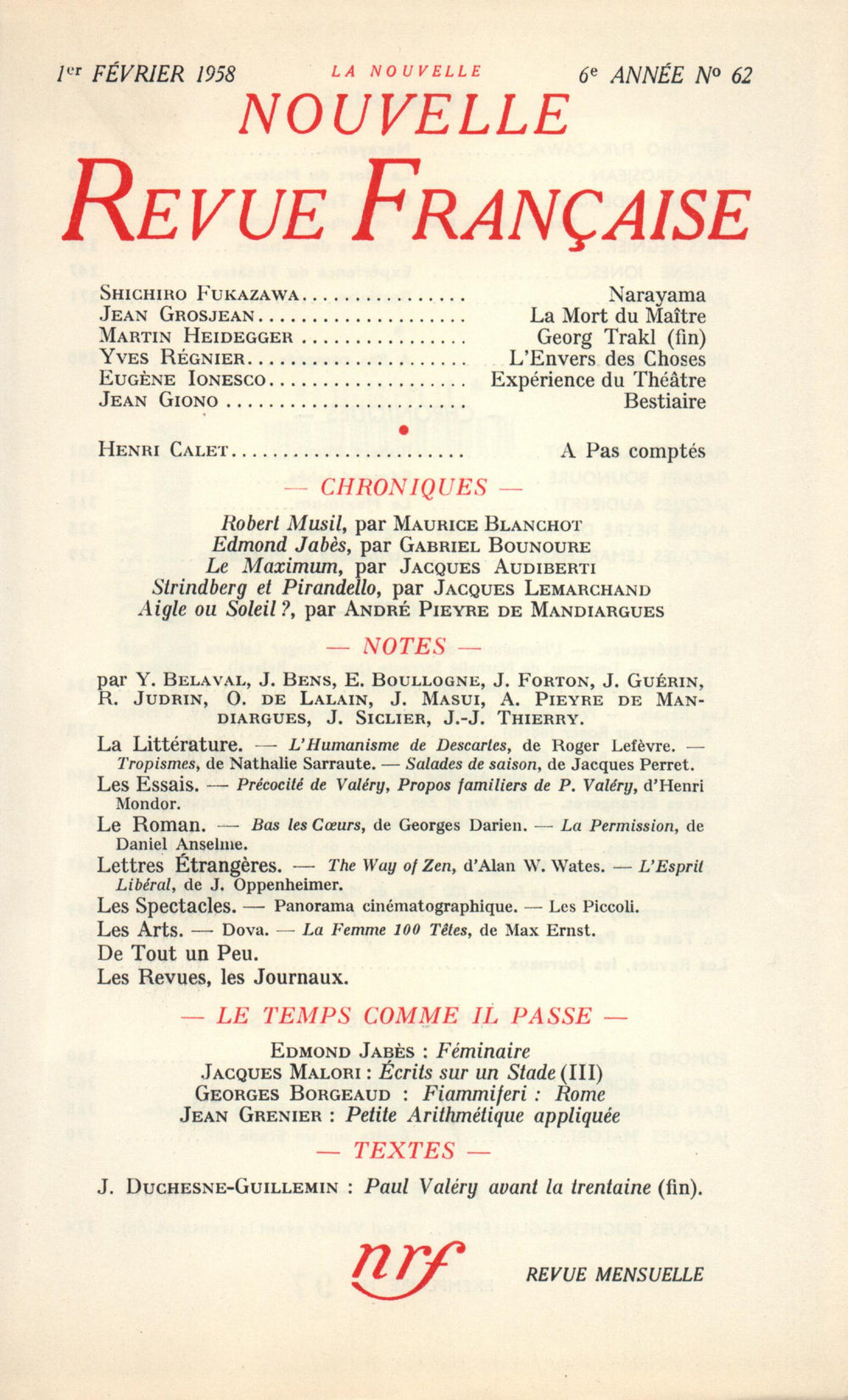La Nouvelle Nouvelle Revue Française N' 62 (Février 1958)