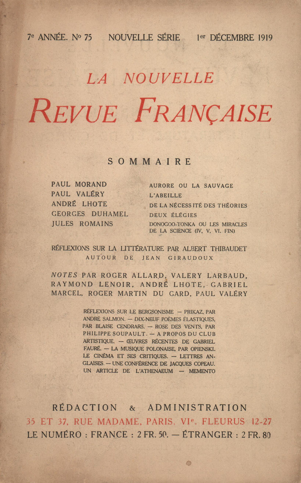 La Nouvelle Revue Française N' 75 (Décembre 1919)