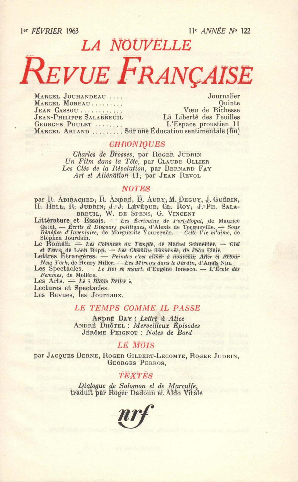 La Nouvelle Revue Française N' 122 (Février 1963)