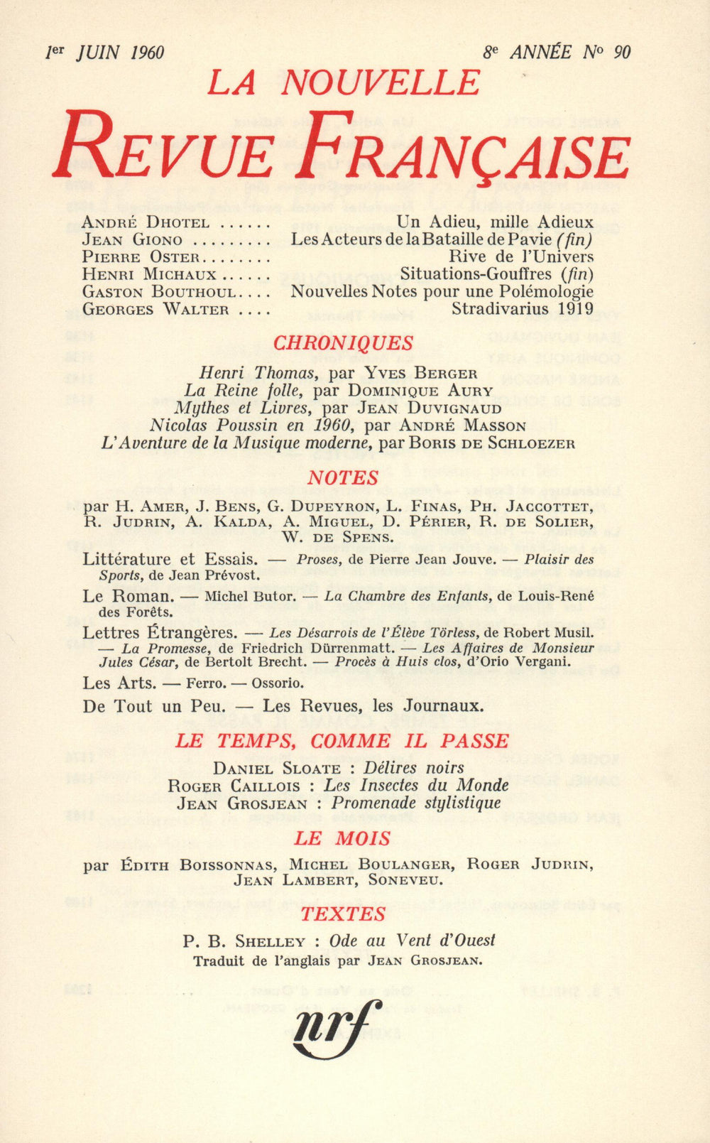 La Nouvelle Revue Française N' 90 (Juin 1960)