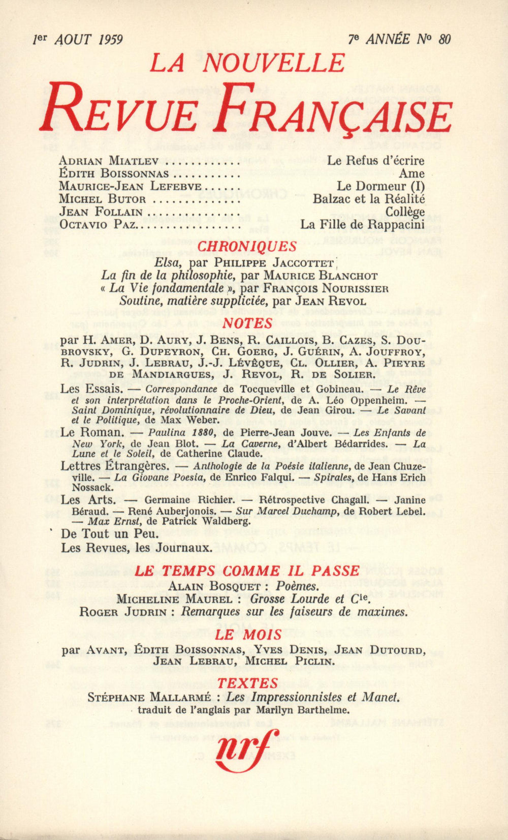 La Nouvelle Revue Française N' 80 (Aoűt 1959)