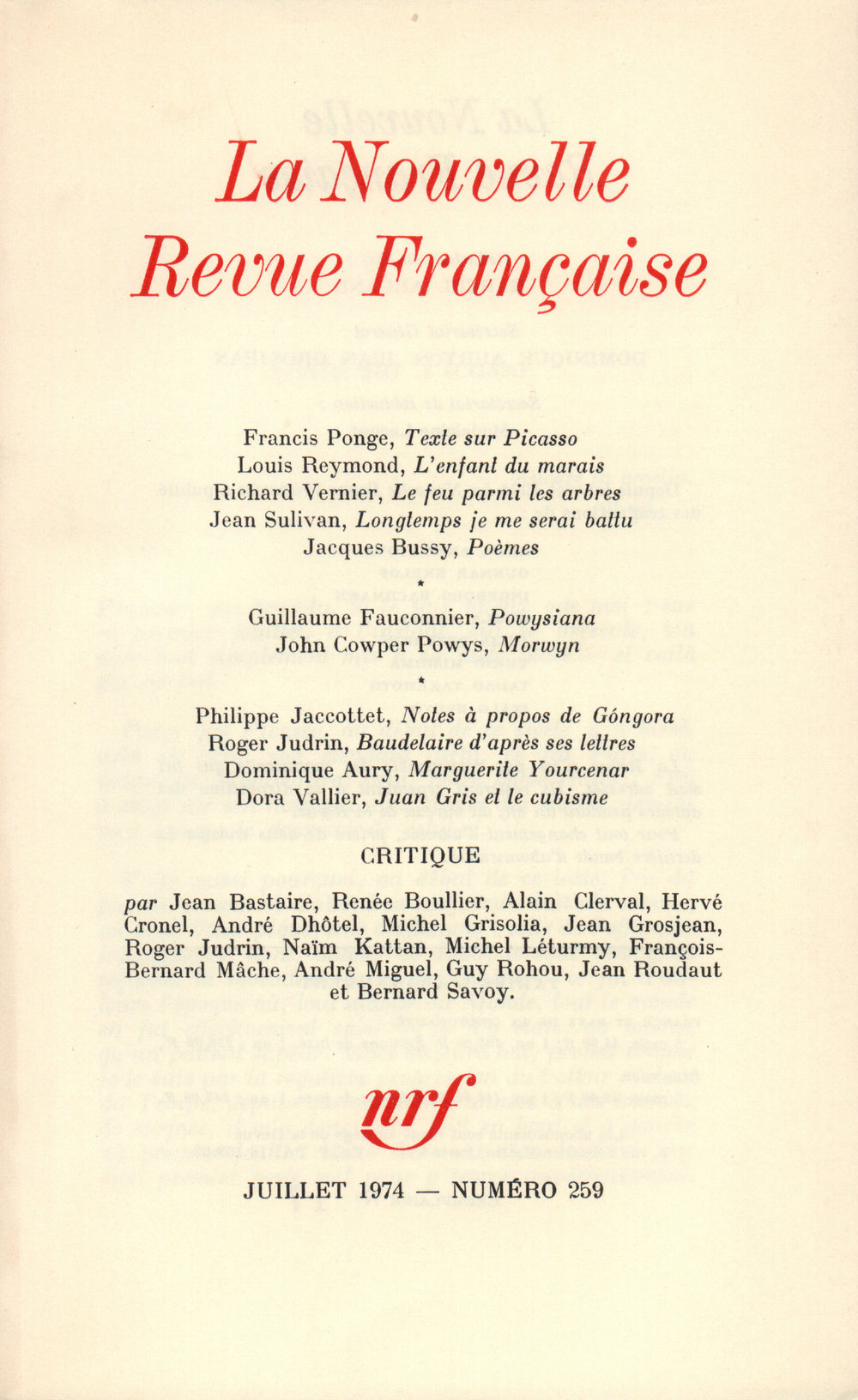 La Nouvelle Revue Française N° 259