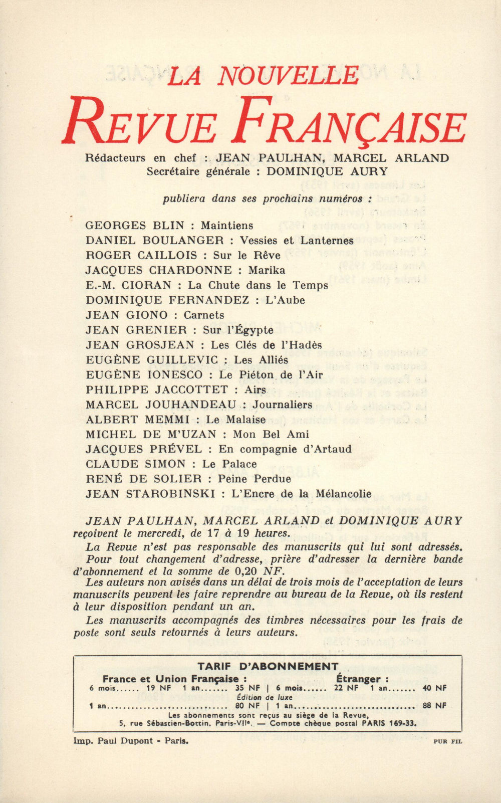La Nouvelle Revue Française N' 109 (Janvier 1962)