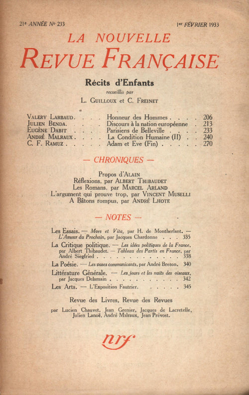 La Nouvelle Revue Française N° 233 (Février 1933)