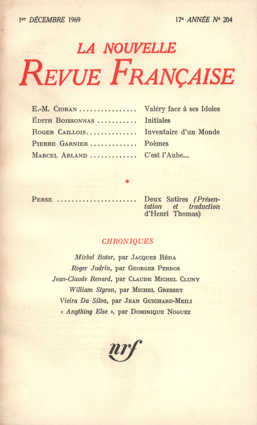 La Nouvelle Revue Française n° 204 (Décembre 1969)