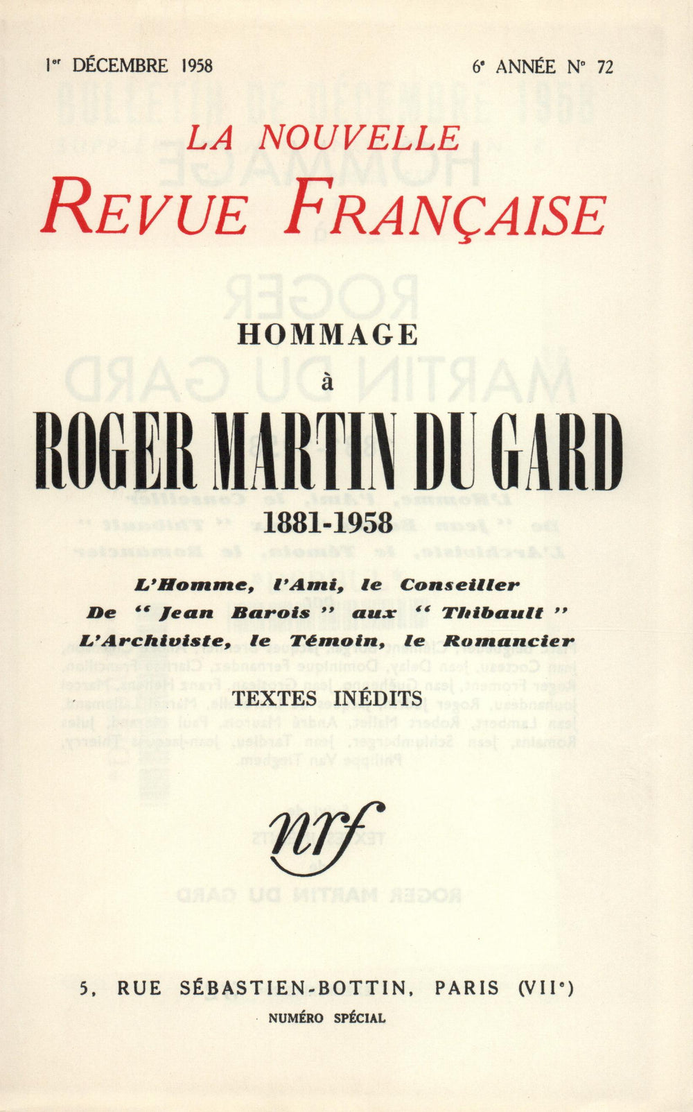 Hommage ŕ Roger Martin du Gard N' 72 (Décembre 1958)