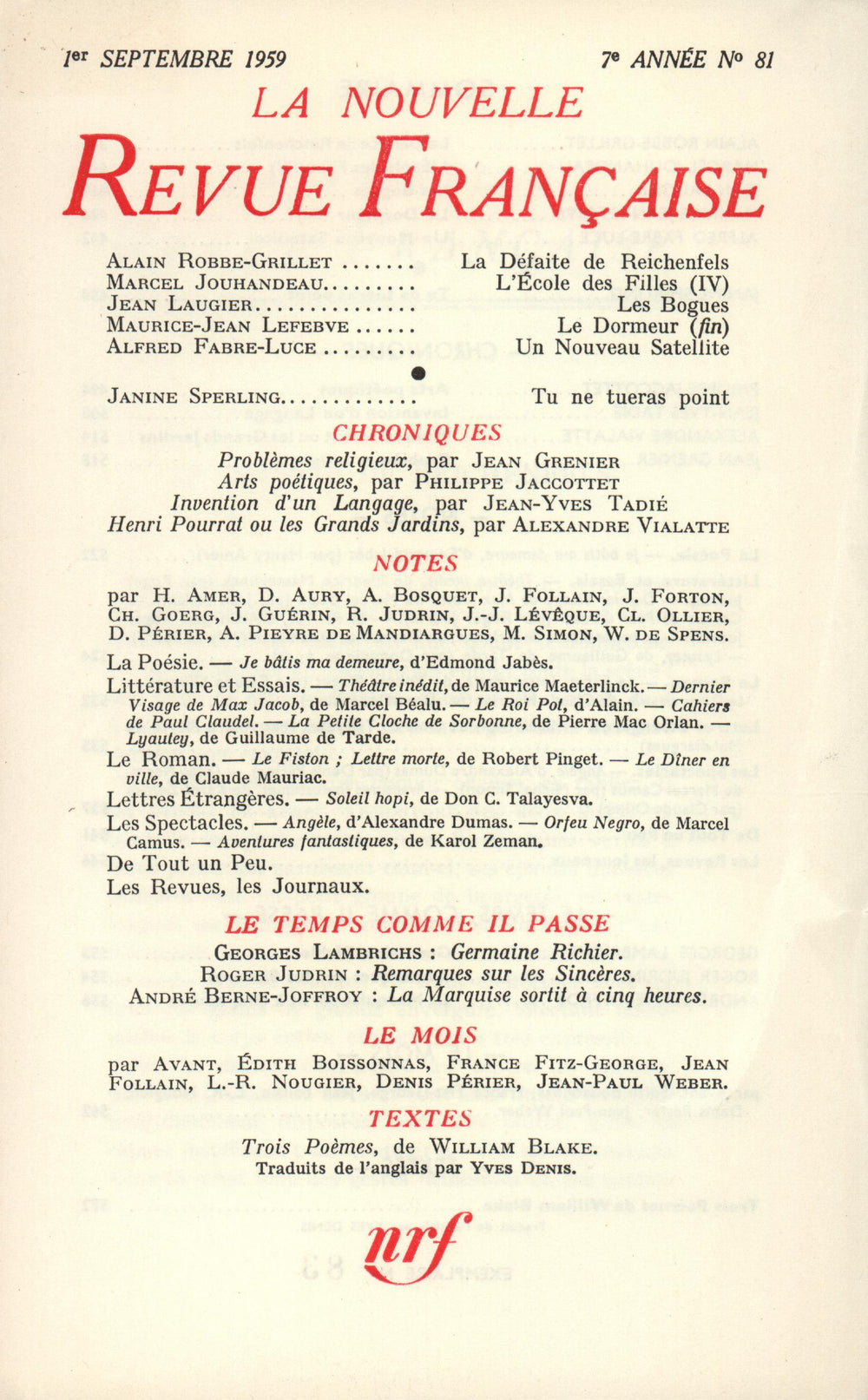 La Nouvelle Revue Française N' 81 (Septembre 1959)