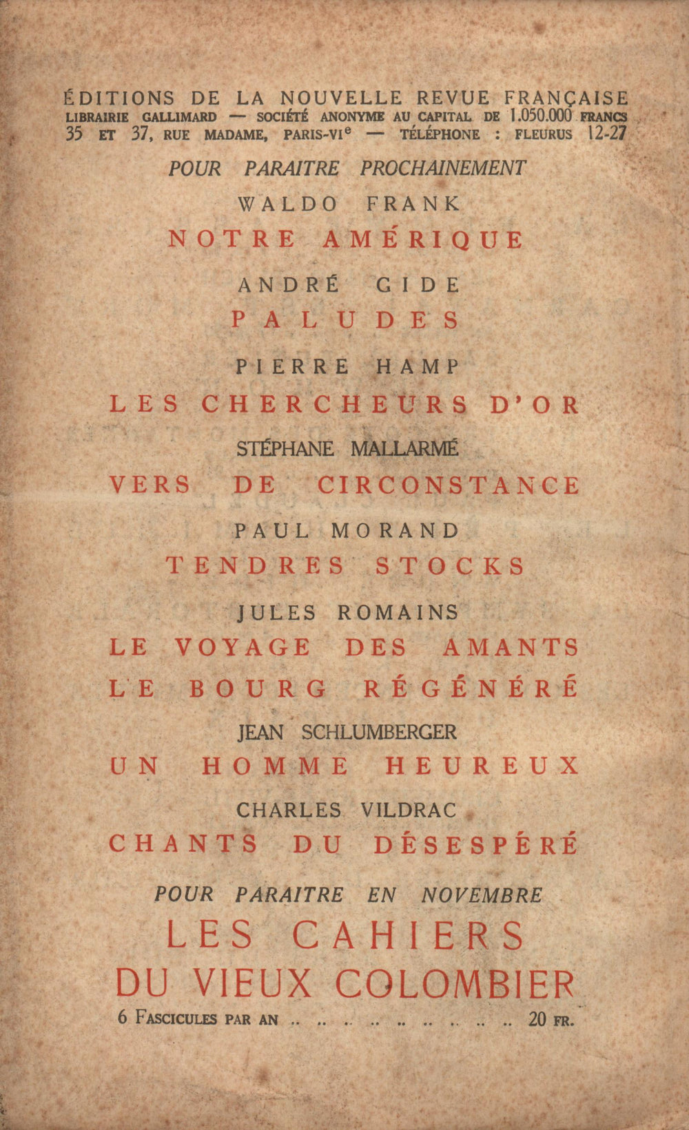 La Nouvelle Revue Française N' 86 (Novembre 1920)