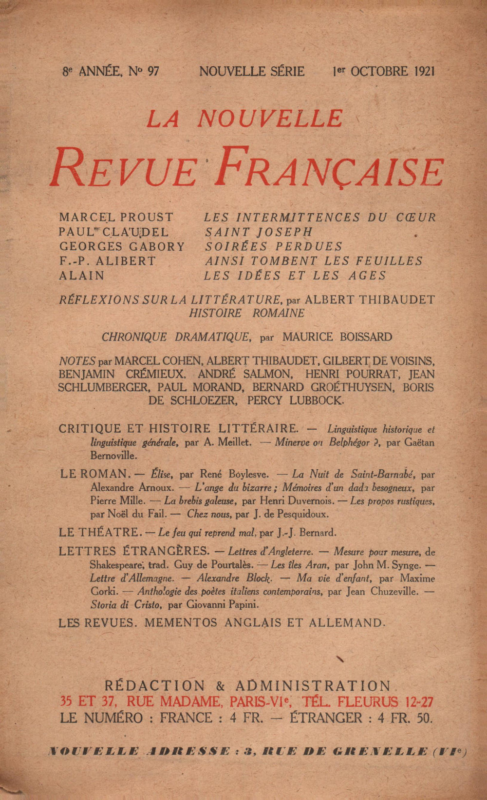 La Nouvelle Revue Française N' 97 (Octobre 1921)