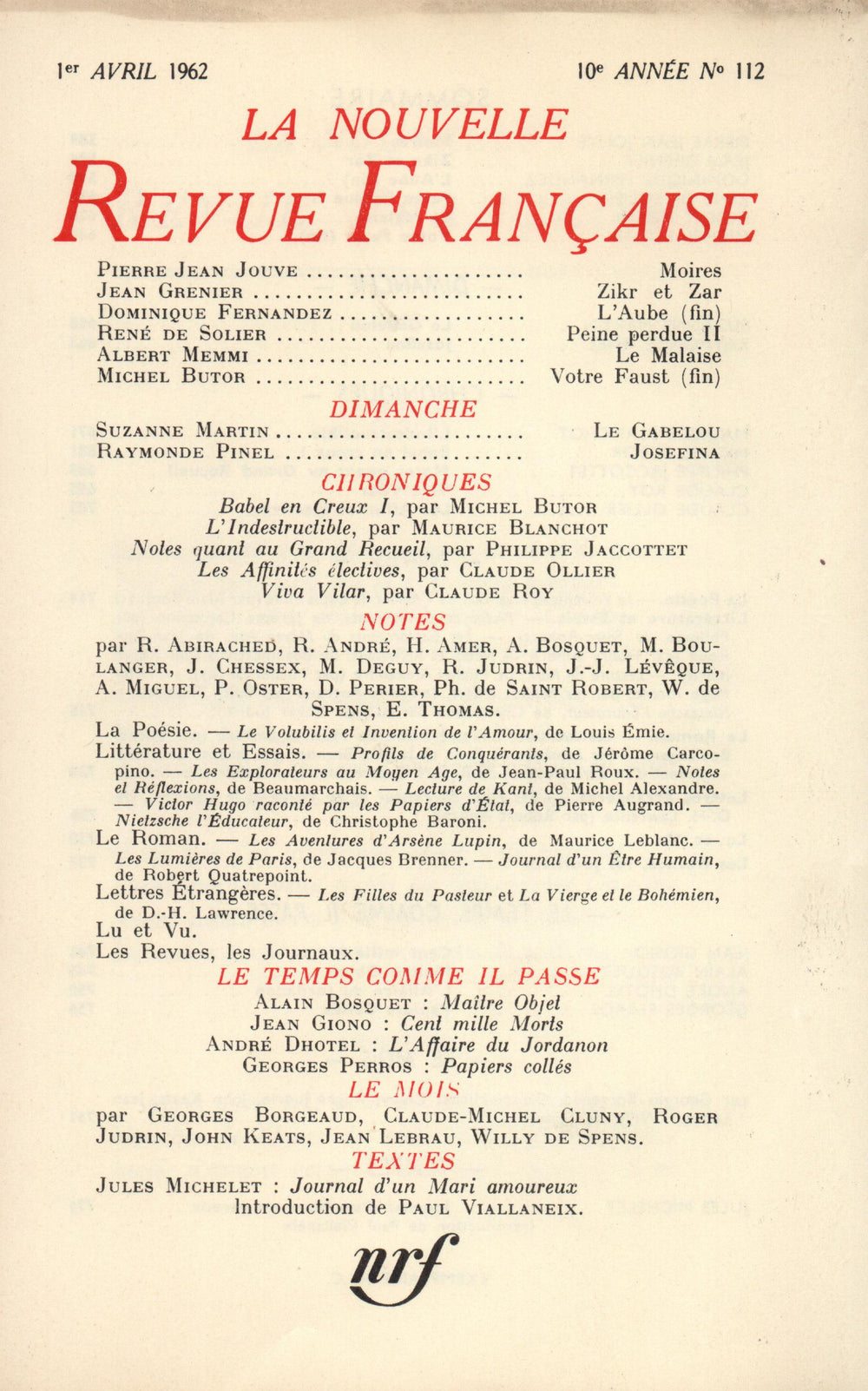 La Nouvelle Revue Française N' 112 (Avril 1962)