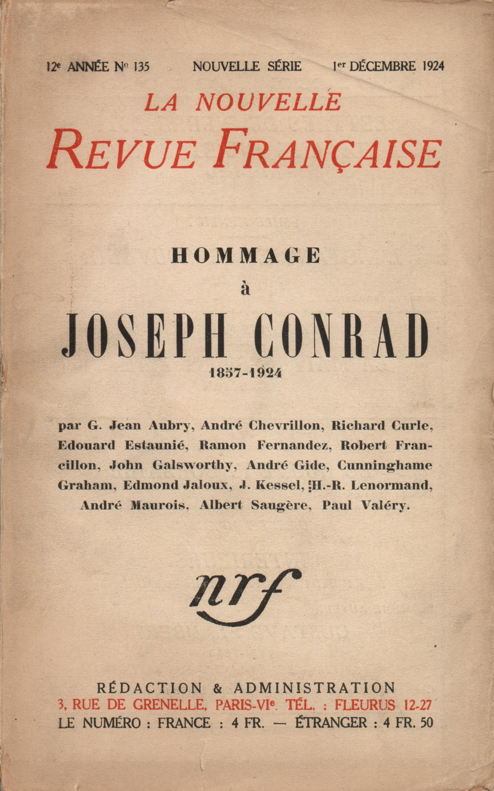 Hommage ŕ Joseph Conrad (1857-1924) N' 135 (Décembre 1924)