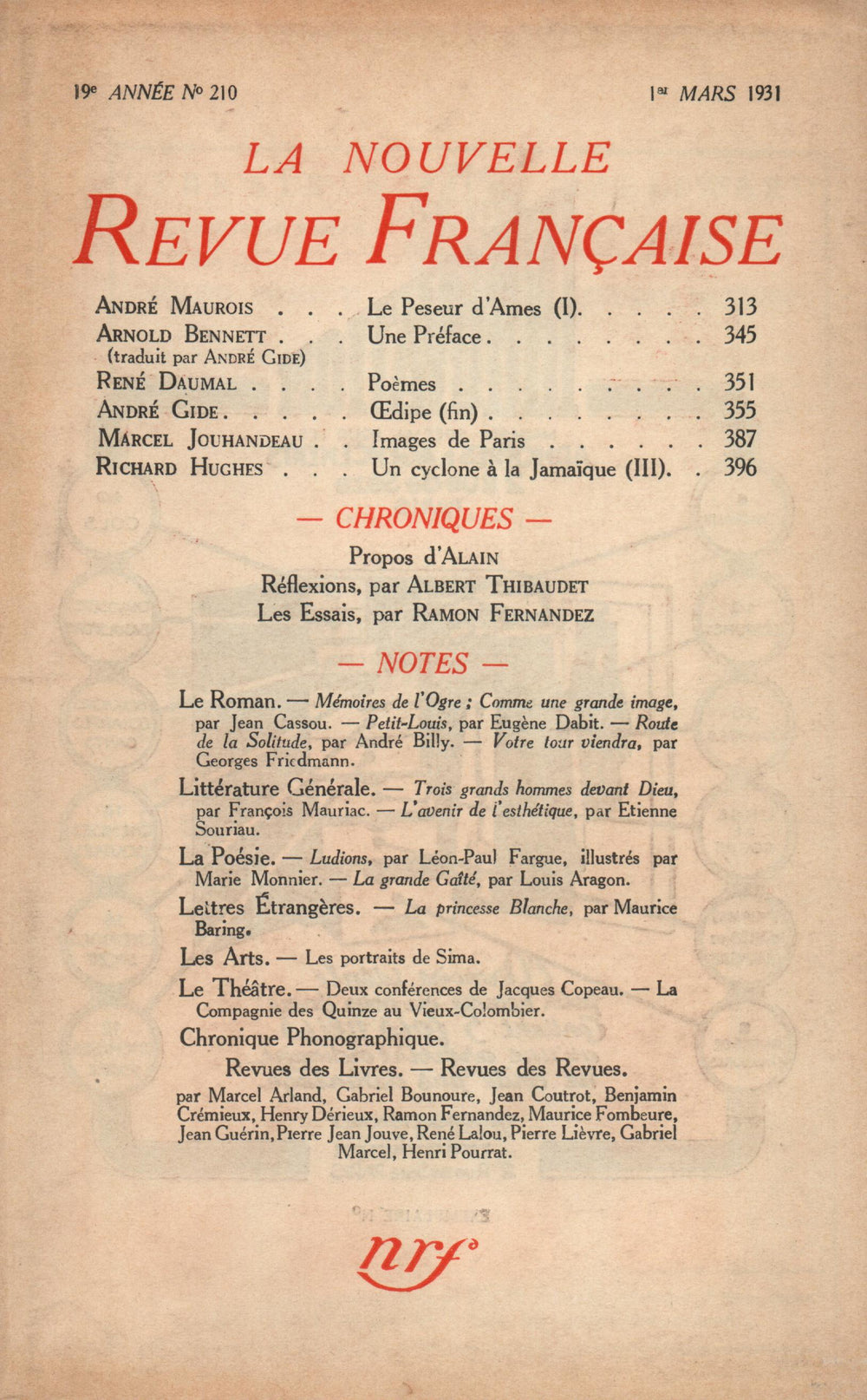 La Nouvelle Revue Française N' 210 (Mars 1931)