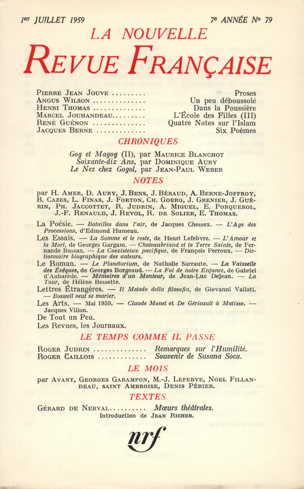La Nouvelle Revue Française N' 79 (Juillet 1959)