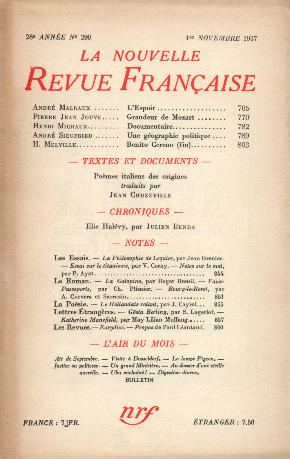 La Nouvelle Revue Française N° 290 (Novembre 1937)