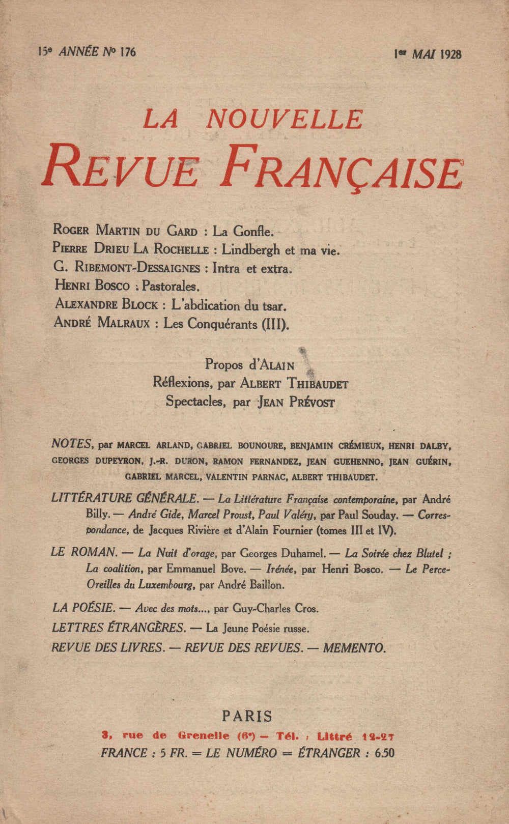 La Nouvelle Revue Française N' 176 (Mai 1928)