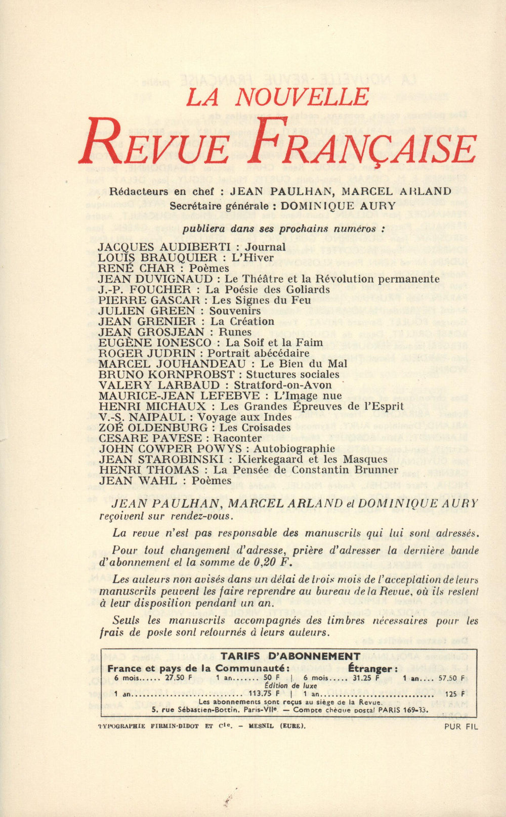 La Nouvelle Revue Française N' 145 (Janvier 1965)