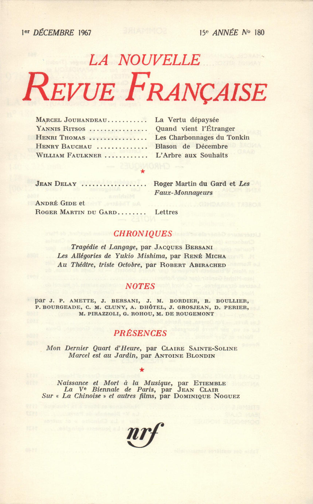La Nouvelle Revue Française N' 180 (Décembre 1967)