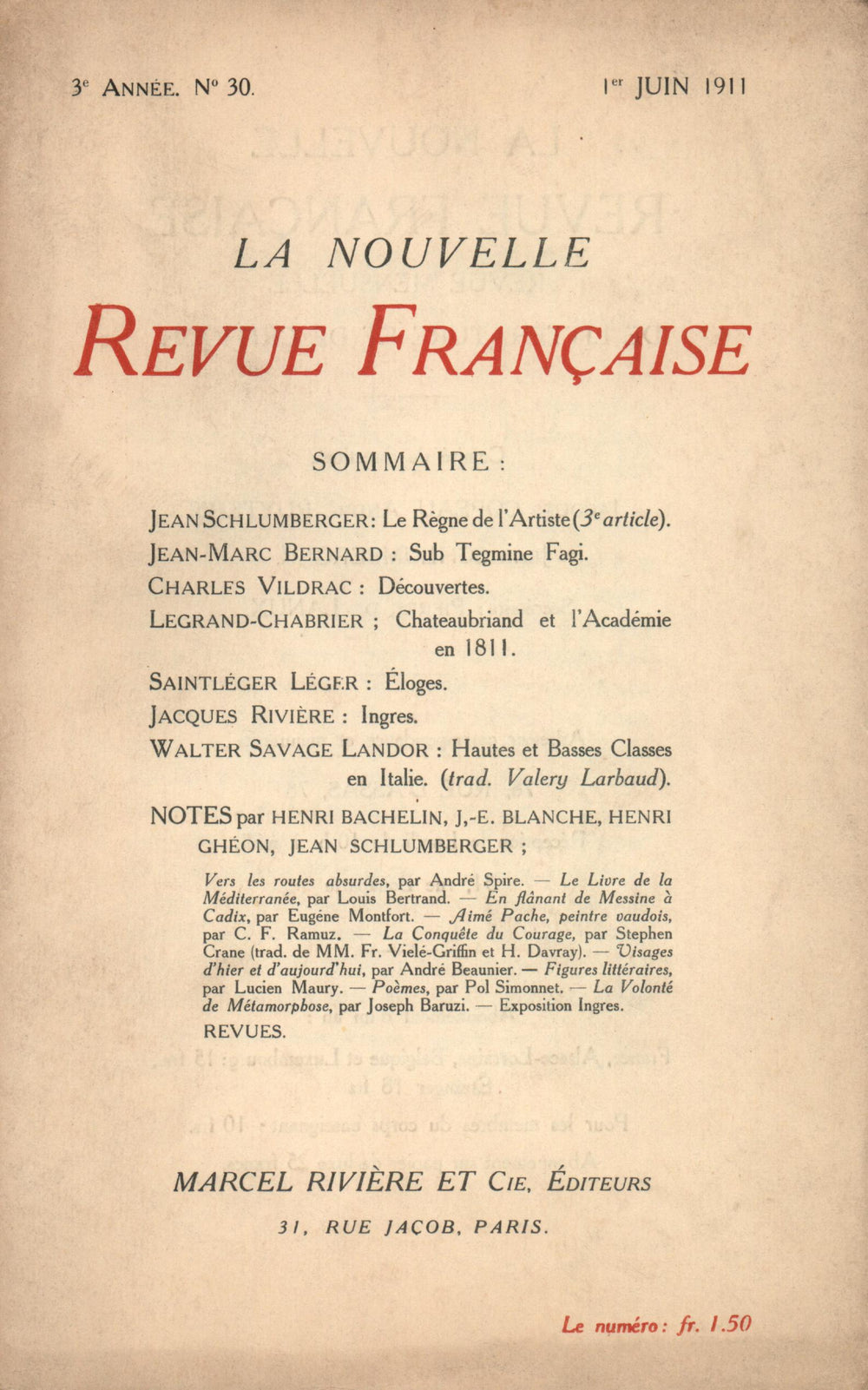 La Nouvelle Revue Française N' 30 (Juin 1911)
