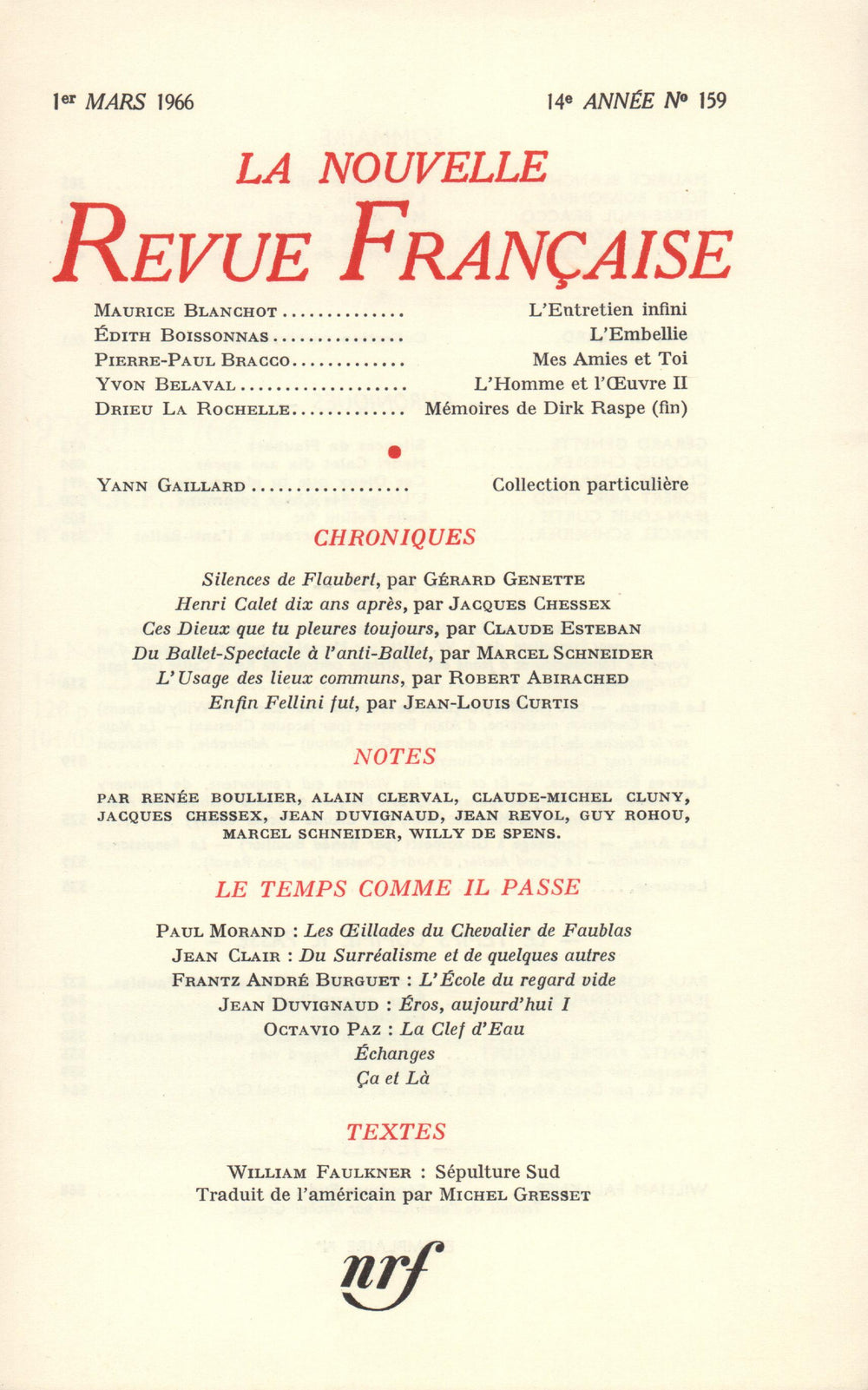 La Nouvelle Revue Française N' 159 (Mars 1966)