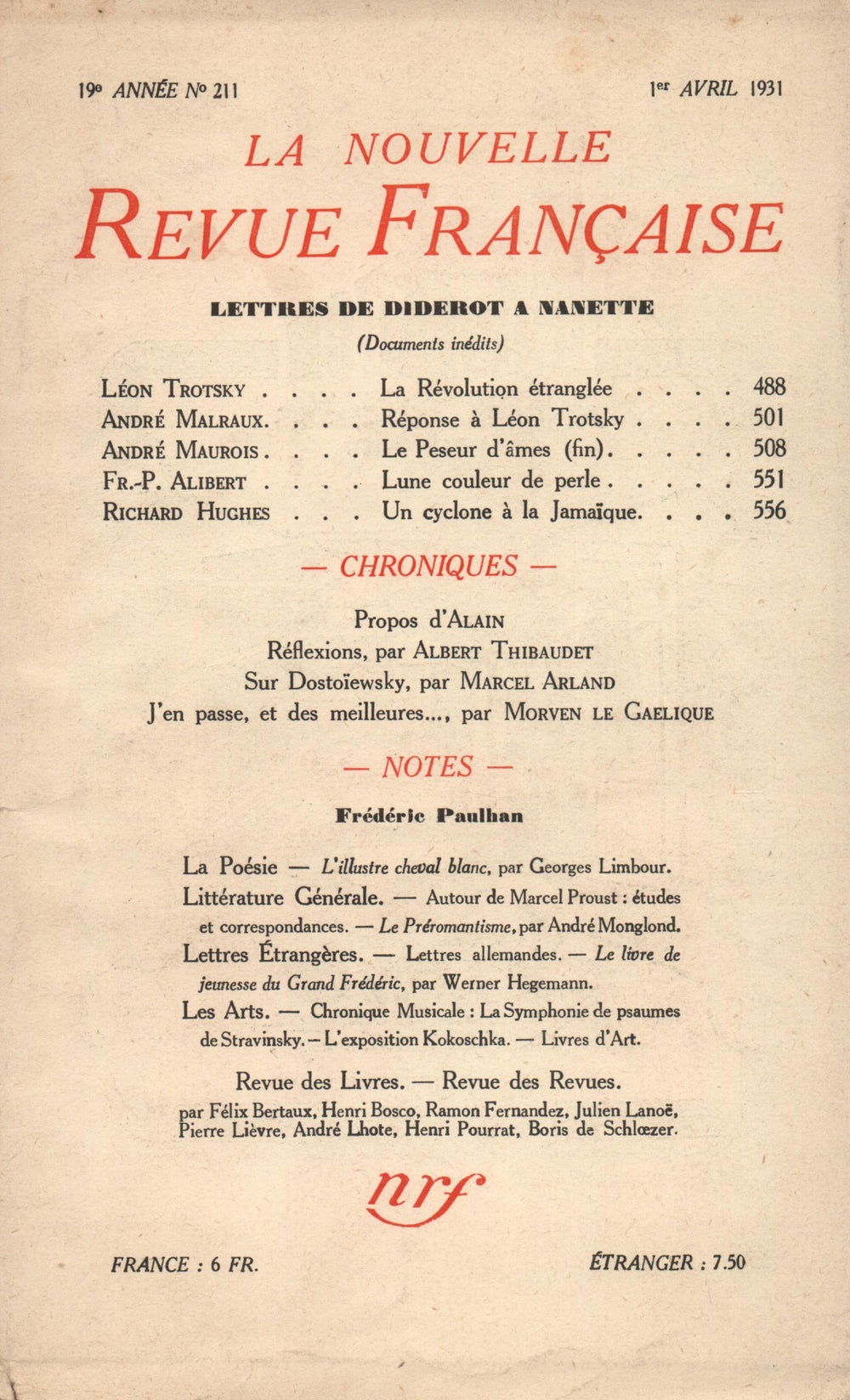 La Nouvelle Revue Française N' 211 (Avril 1931)