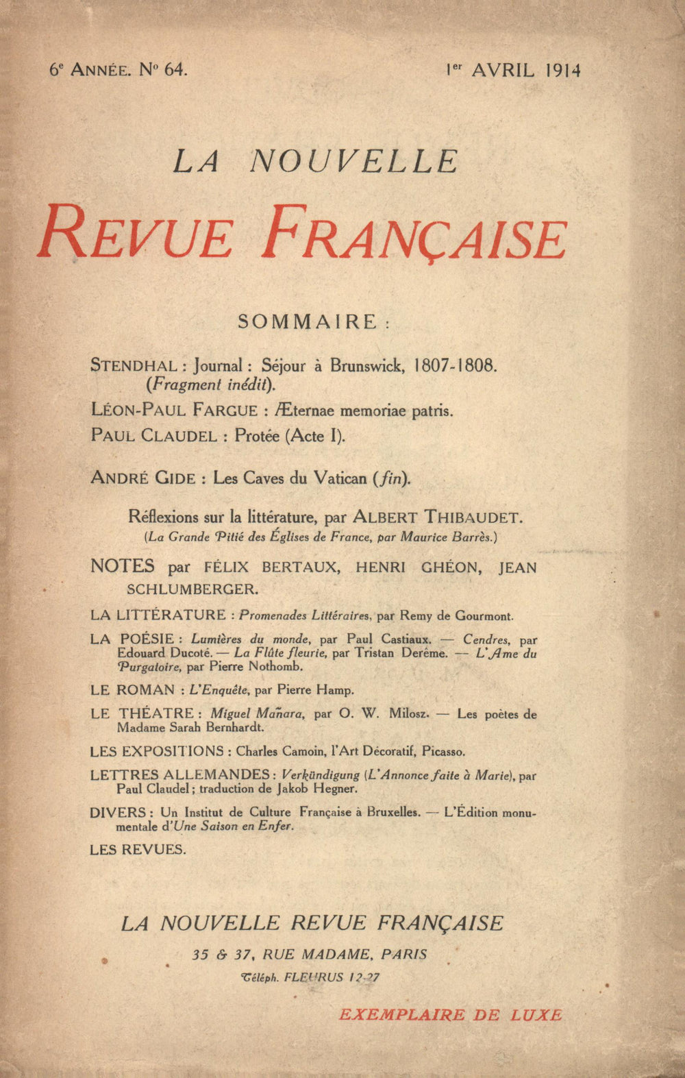 La Nouvelle Revue Française N' 64 (Avril 1914)