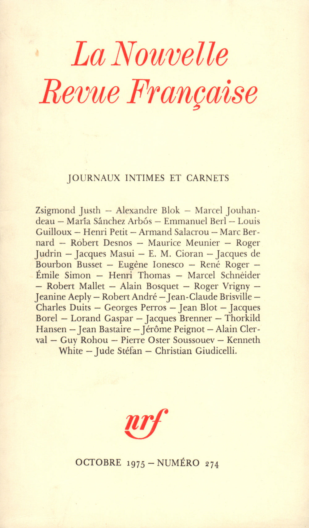 Journaux intimes et Carnets N° 274