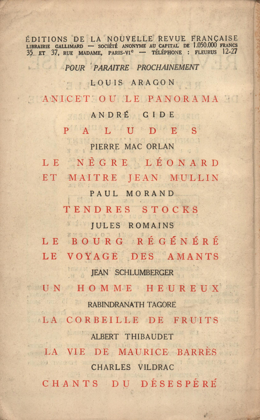La Nouvelle Revue Française N' 87 (Décembre 1920)