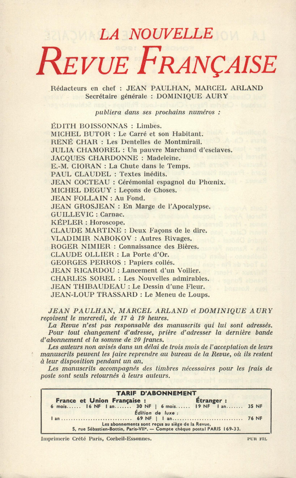 La Nouvelle Revue Française N' 96 (Décembre 1960)