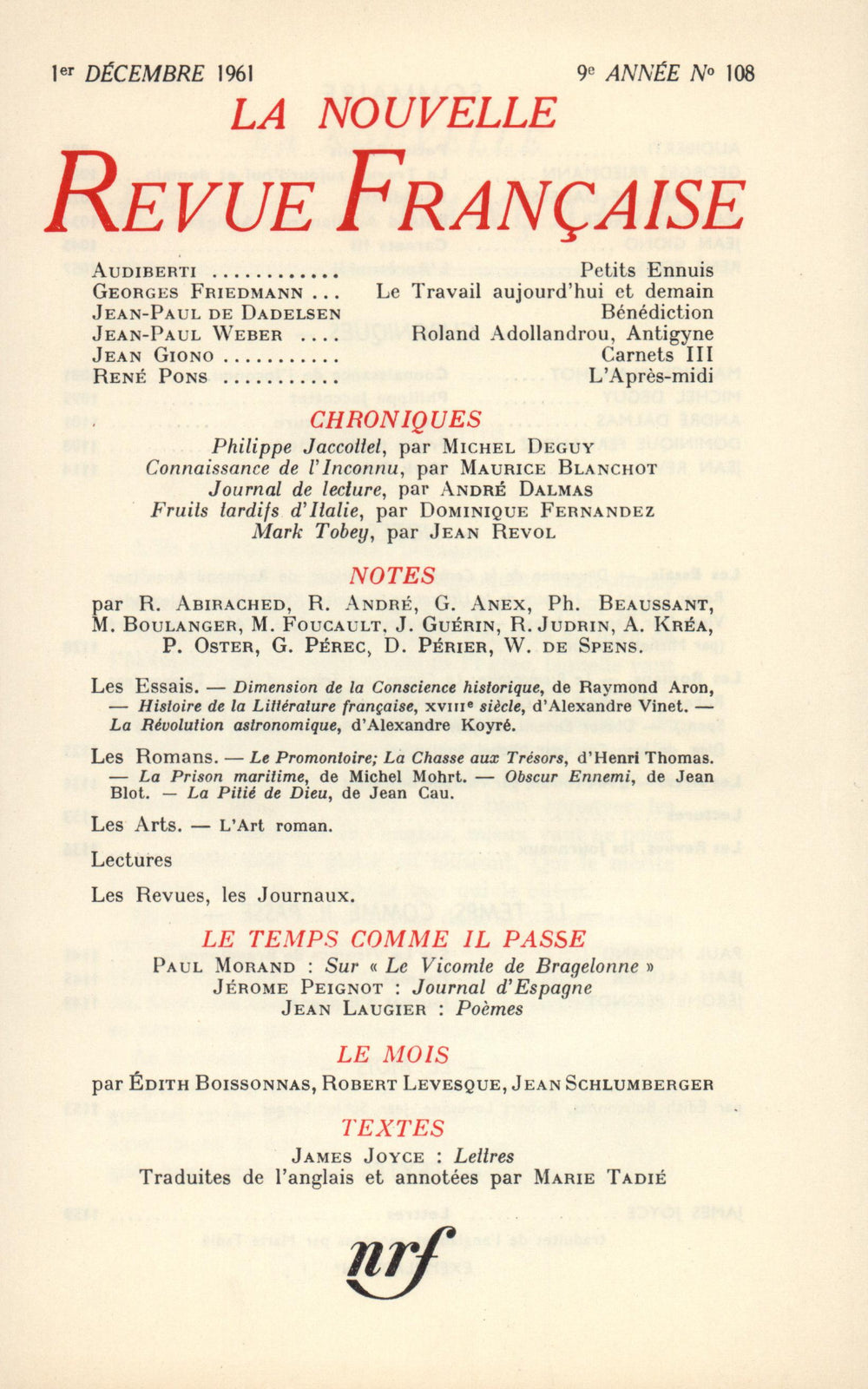 La Nouvelle Revue Française N' 108 (Décembre 1961)