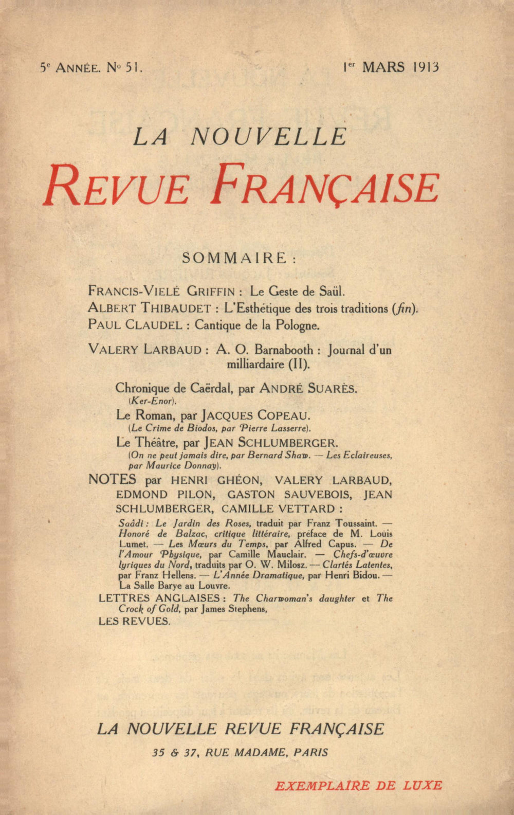 La Nouvelle Revue Française N' 51 (Mars 1913)