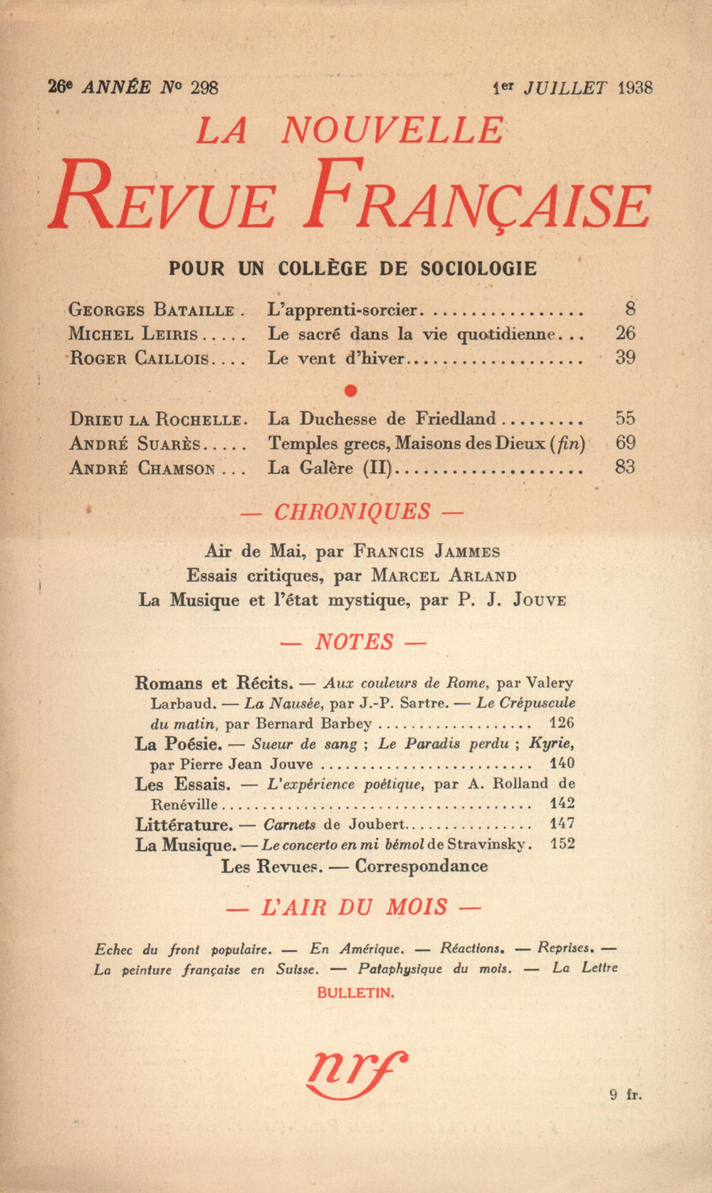 La Nouvelle Revue Française N° 298 (Juillet 1938)