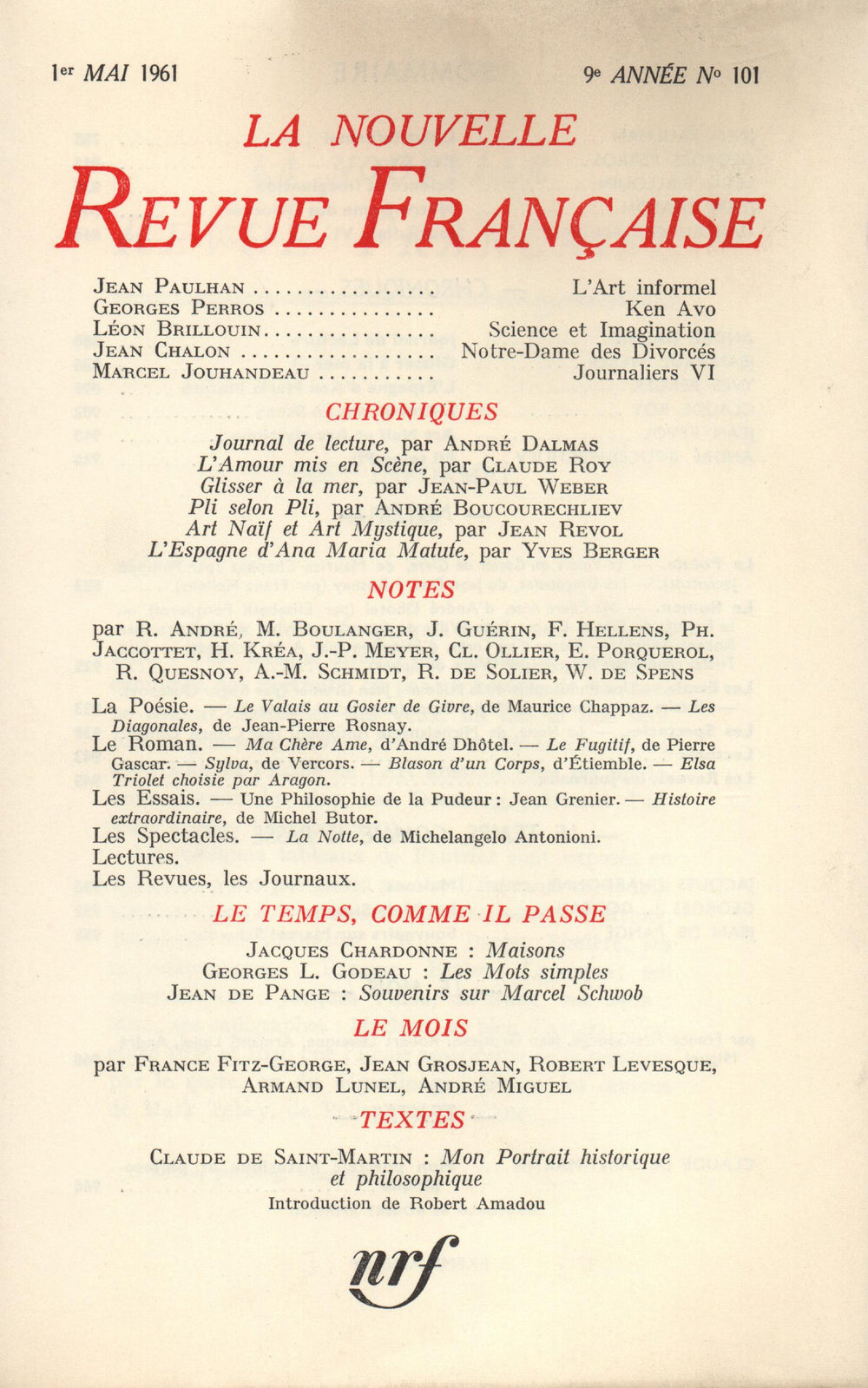 La Nouvelle Revue Française N' 101 (Mai 1961)