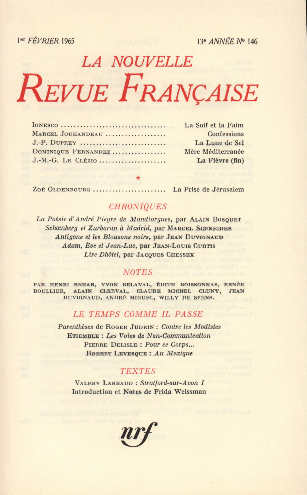 La Nouvelle Revue Française N' 146 (Février 1965)